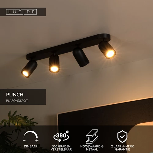 Lucide PUNCH - Plafondspot - 4xGU10 - Zwart - USP